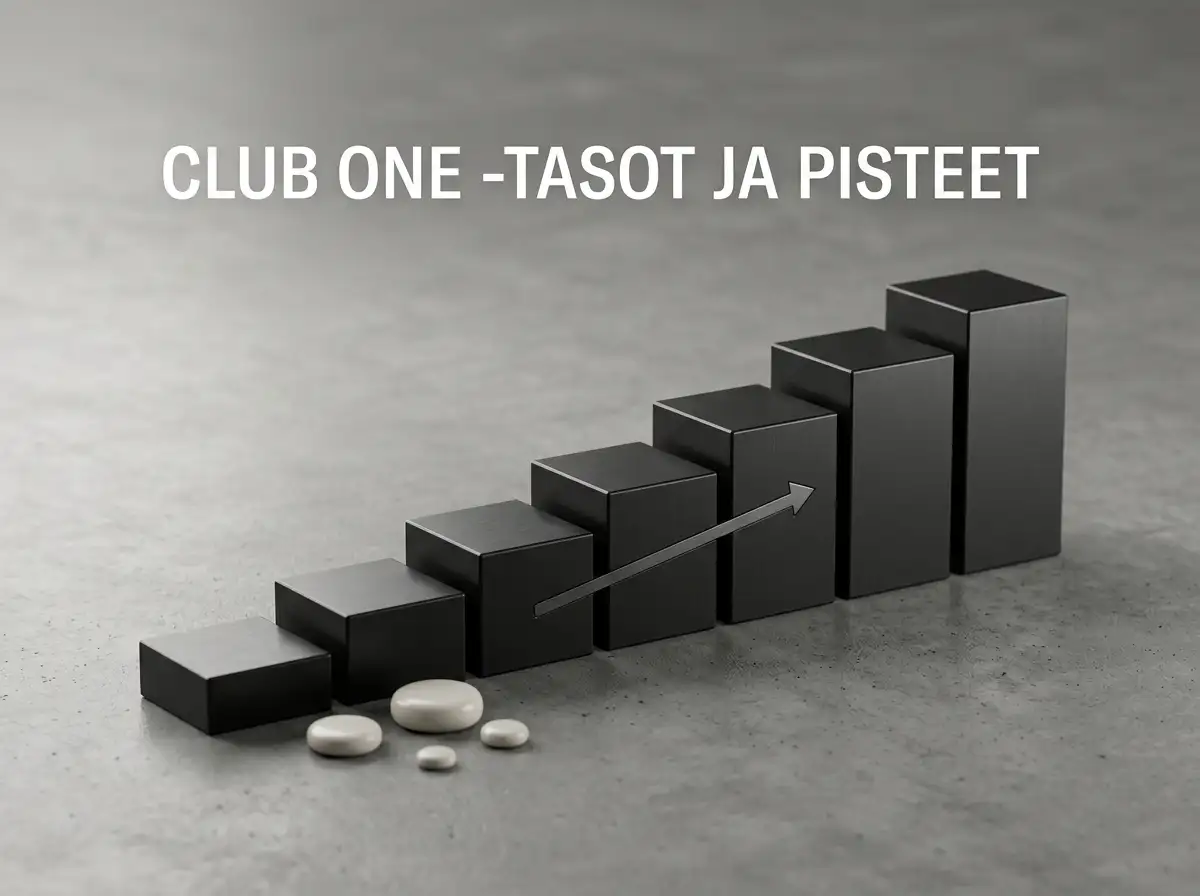 Seitsemän porrastettua tasoa ja pistemerkkejä tummalla taustalla