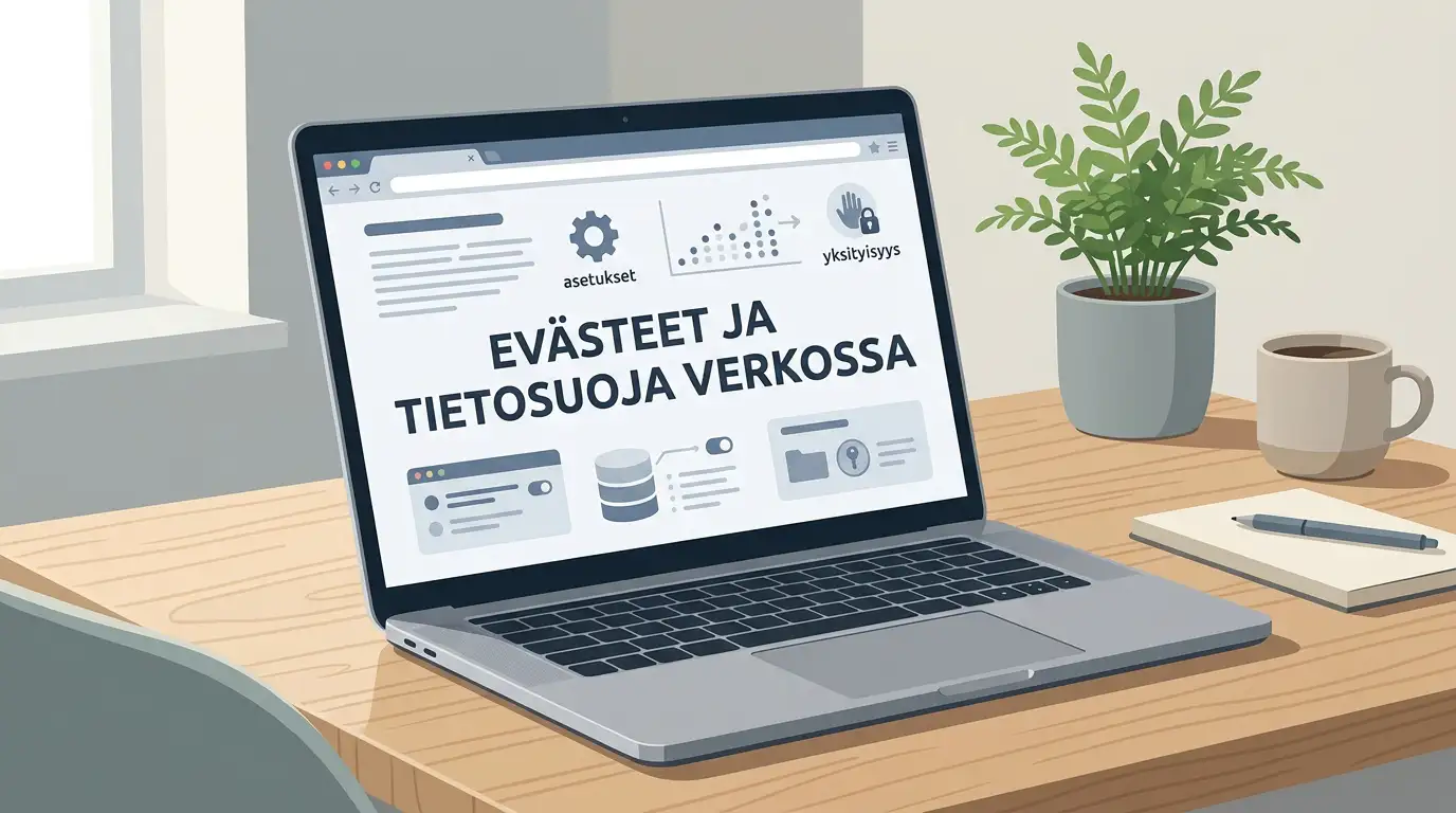 Kannettava tietokone, selaimen asetuksia kuvaavia symboleja ja yksityisyyttä korostava työpöytä