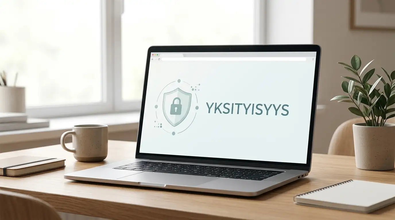 Kannettava tietokone, lukkoa kuvaava yksityisyyssymboli ja paikallista tietojenkäsittelyä havainnollistava työpöytä